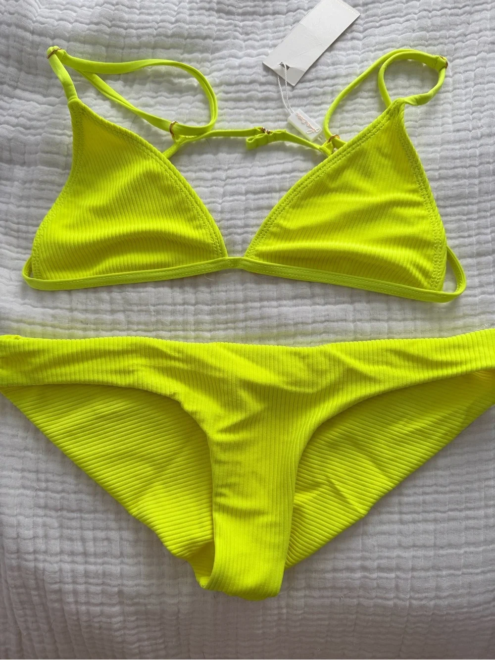 Frankies bikinis Neon Yellow Ribbed Triangle Bikini Set never worn with tags